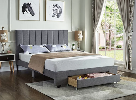 Image of Grey Fabric Bed with Padded Headboard and Storage Drawer