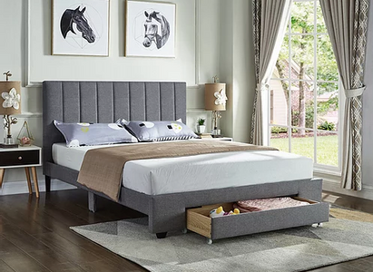 Grey Fabric Bed with Padded Headboard and Storage Drawer