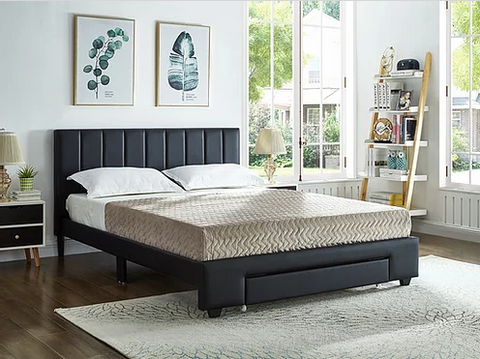 Image of Black PU Bed with Padded Headboard and Storage Drawer