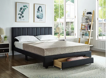 Black PU Bed with Padded Headboard and Storage Drawer