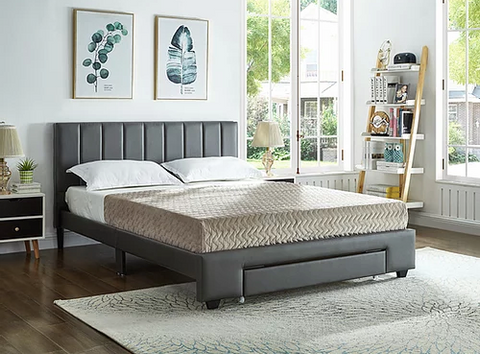 Image of Grey PU Bed with Padded Headboard and Storage Drawer