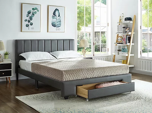 Grey PU Bed with Padded Headboard and Storage Drawer