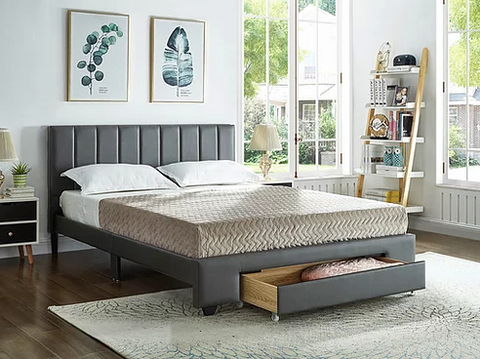 Image of Grey PU Bed with Padded Headboard and Storage Drawer