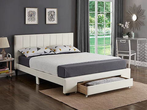 Image of White PU Bed with Padded Headboard and Storage Drawer