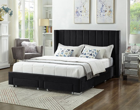 Image of Black Velvet Fabric Wing Bed with Deep Tufting and Chrome Legs **Shipped in the GTA Area Only**