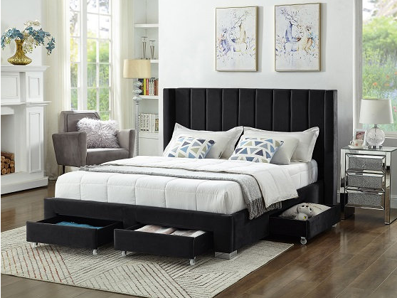 Black Velvet Fabric Wing Bed with Deep Tufting and Chrome Legs **Shipped in the GTA Area Only**