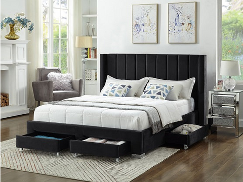 Image of Black Velvet Fabric Wing Bed with Deep Tufting and Chrome Legs **Shipped in the GTA Area Only**