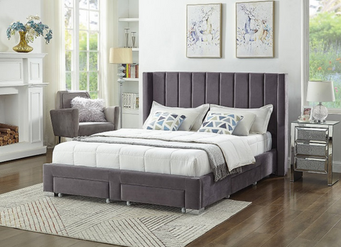 Image of Grey Velvet Fabric Wing Bed with Deep Tufting and Chrome Legs