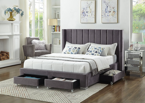 Image of Grey Velvet Fabric Wing Bed with Deep Tufting and Chrome Legs