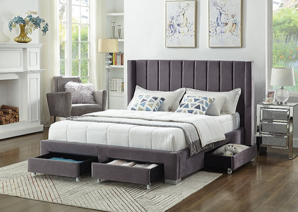 Grey Velvet Fabric Wing Bed with Deep Tufting and Chrome Legs