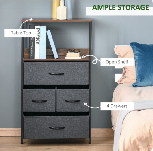 Chest of Drawers Bedroom Unit Storage Cabinet with 4 Fabric Bins for Living Room, Bedroom and Entryway, Black