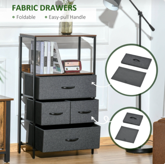 Chest of Drawers Bedroom Unit Storage Cabinet with 4 Fabric Bins for Living Room, Bedroom and Entryway, Black