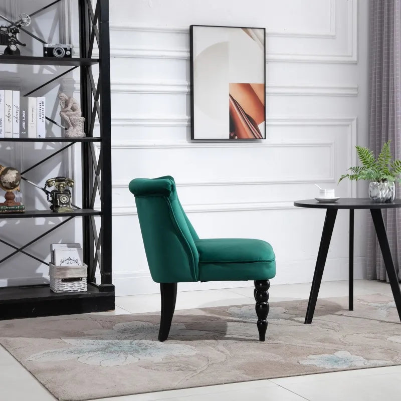 Vintage Leisure Accent Chair with Button Tufted Straight Back Turned Legs Thick Sponge Padding for Living Room Dining Room Study Dark Green