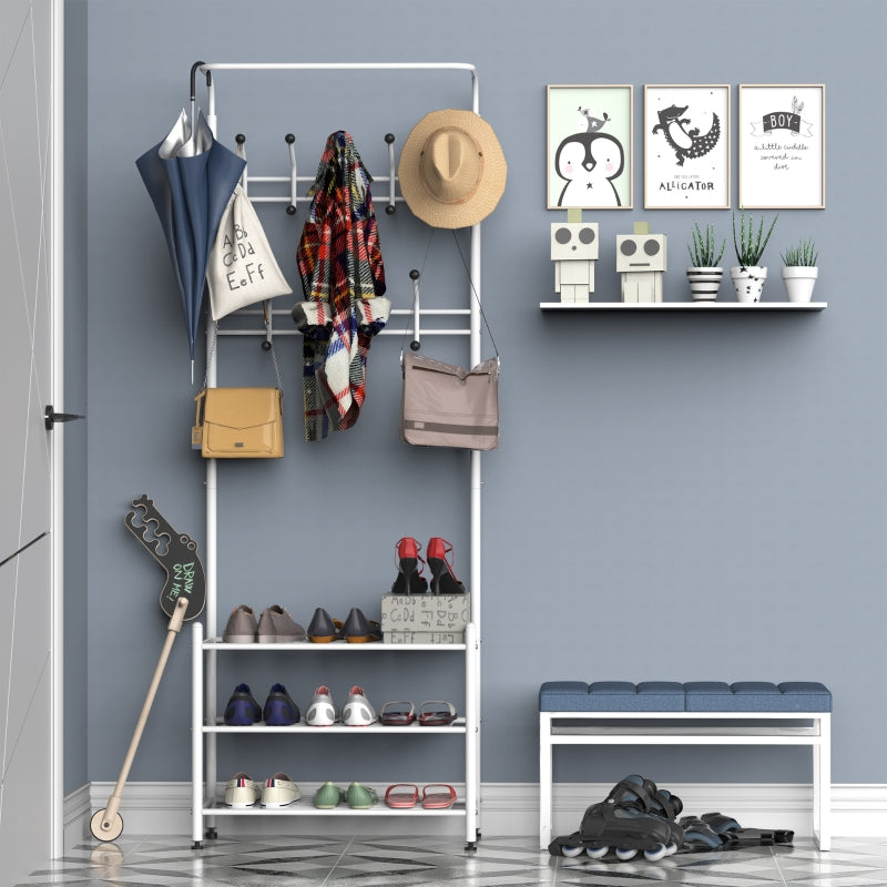 Heavy Duty 2-In-1 Metal Coat Shoe Rack Entryway Hall Tree 18 Hooks with 3 Tier Shelves White