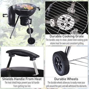 Charcoal BBQ Grill Portable Outdoor Camp Picnic Barbecue w/ Wheels and Storage Shelves