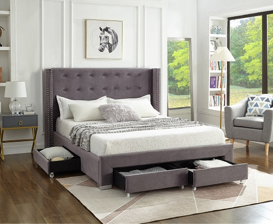 Grey Velvet Fabric Wing Bed **Shipped in the GTA Area Only**