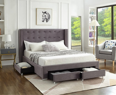 Image of Grey Velvet Fabric Wing Bed **Shipped in the GTA Area Only**