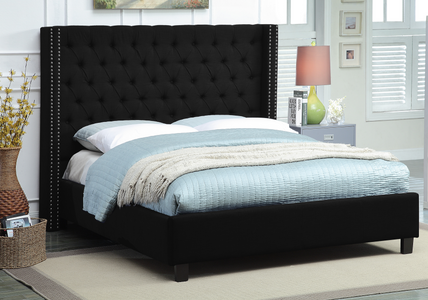Black Fabric Wing Bed with Deep Button Tufting and Nail-head Details
