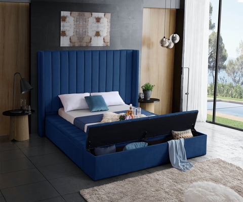 Image of Blue Velvet Fabric Bed with 3 Storage Benches **Shipped in the GTA Area Only**