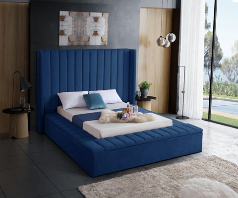 Image of Blue Velvet Fabric Bed with 3 Storage Benches **Shipped in the GTA Area Only**