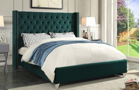 Green Velvet Wing Bed with Deep Button Tufting and Nail-head Details -