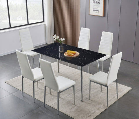 5 Piece Tempered Black Marble Glass with Tapered Chrome Legs