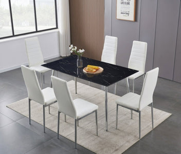 5 Piece Tempered Black Marble Glass with Tapered Chrome Legs