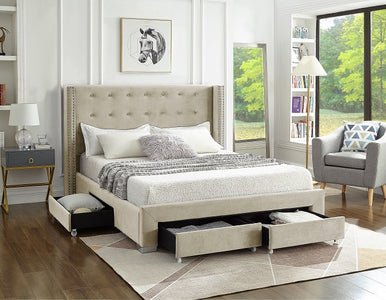 Creme Velvet Fabric Wing Bed **Shipped in the GTA Area Only**