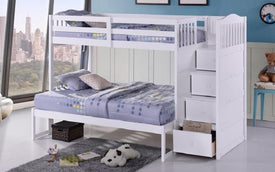 Bunk Bed - Twin Over Twin or Double With Drawers, Staircase Solid Wood - White