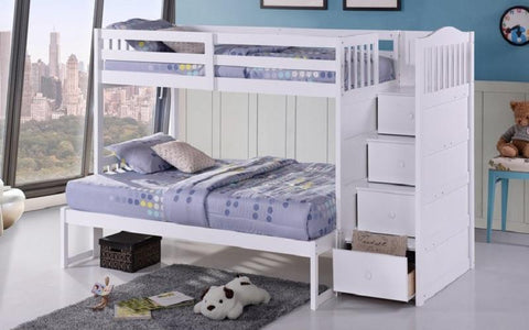 Image of FurnitureMattressDirect-Bunk Bed - Twin over Twin or Double with Drawers, Staircase Solid Wood - White-A7