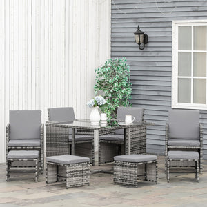 9 Piece Patio Wicker Dining Set Rattan Garden Sectional Sofa Outdoor Space-Saving Armchair & Ottoman Furniture Sets w/ Cushion, Comes in Blue, White or Grey Colour