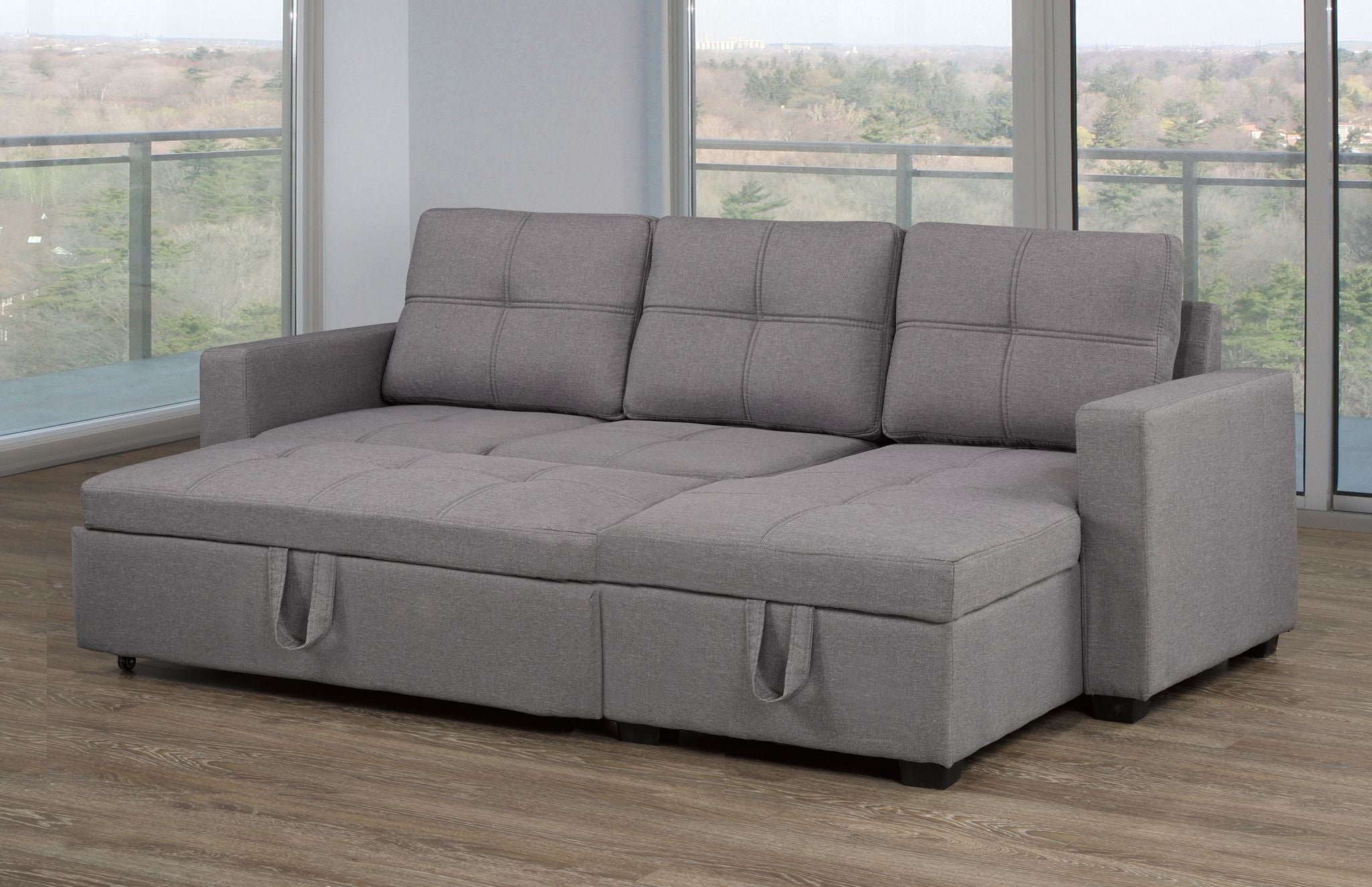 SECTIONAL WITH PULL-OUT BED & STORAGE CHAISE, GREY