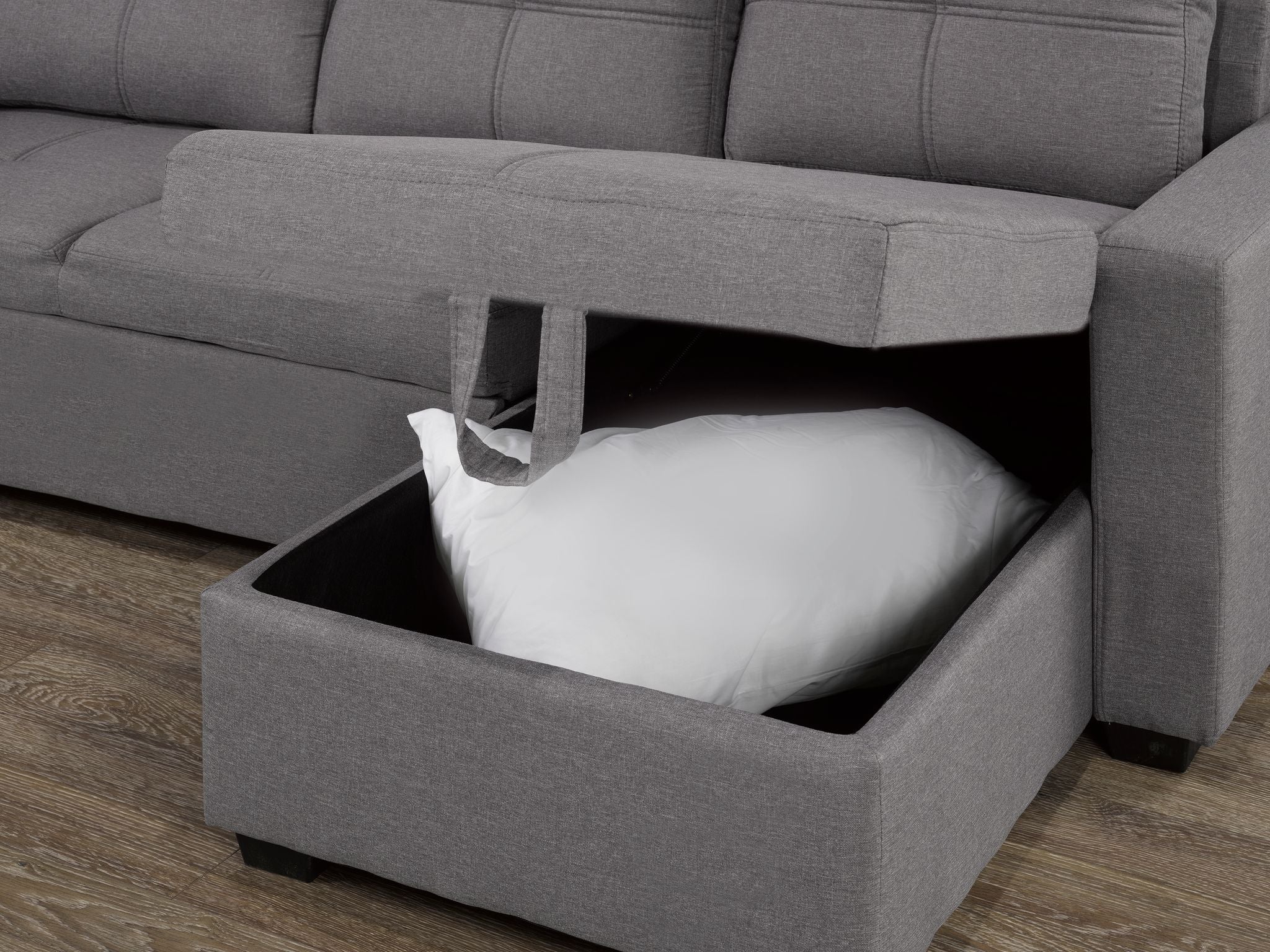 SECTIONAL WITH PULL-OUT BED & STORAGE CHAISE, GREY