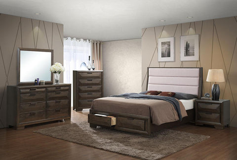 7Pcs Bedroom Set with Storage Drawers in Footboard and an Upholstered Headboard- Queen Size
