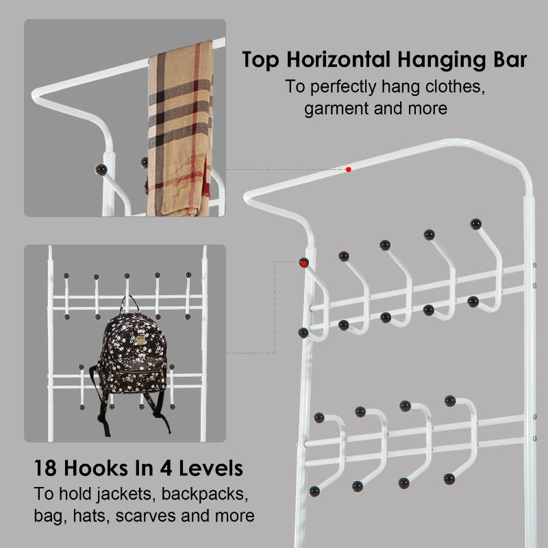 Heavy Duty 2-In-1 Metal Coat Shoe Rack Entryway Hall Tree 18 Hooks with 3 Tier Shelves White
