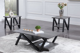 3Pc Coffee Table Set With Grey Wooden top and Black Legs