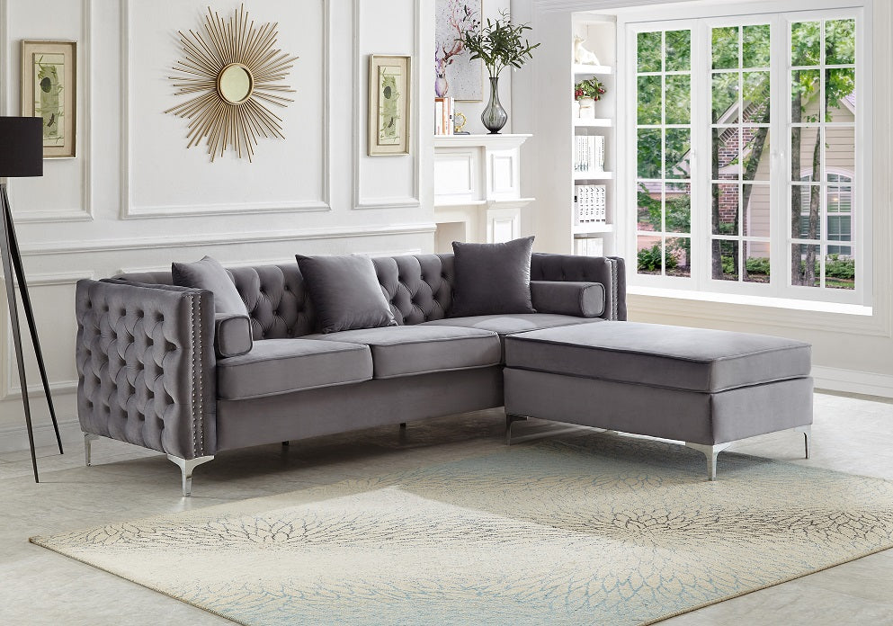 Grey Velvet Sofa Sectional With Deep Tufting ***Shipped in the GTA