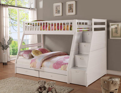 Twin / Full Wooden Bunk Bed with Storage staircase- White