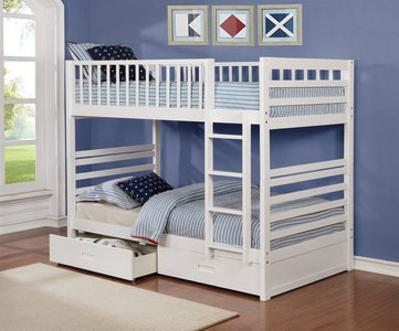 Bunk Bed - Twin over Twin with 2 Drawers Solid Wood - White
