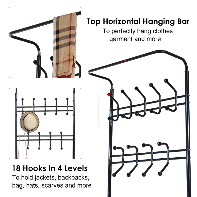 Multi-purpose Rack and Organizer Metal Entryway Coat Shoe Rack 3 Tier Shelves Entryway Hall Tree Black